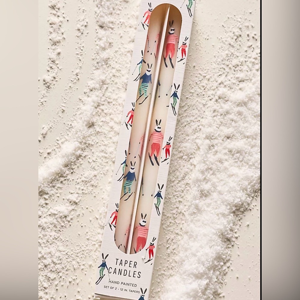 Anthropologie NIB Apres Ski Festive Handpainted Taper Candles, Set of 2